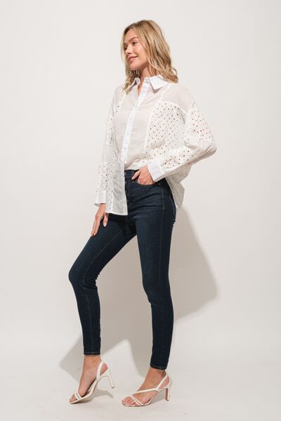 And The Why Eyelet Long Sleeve Button-Down Shirt - AllIn Computer