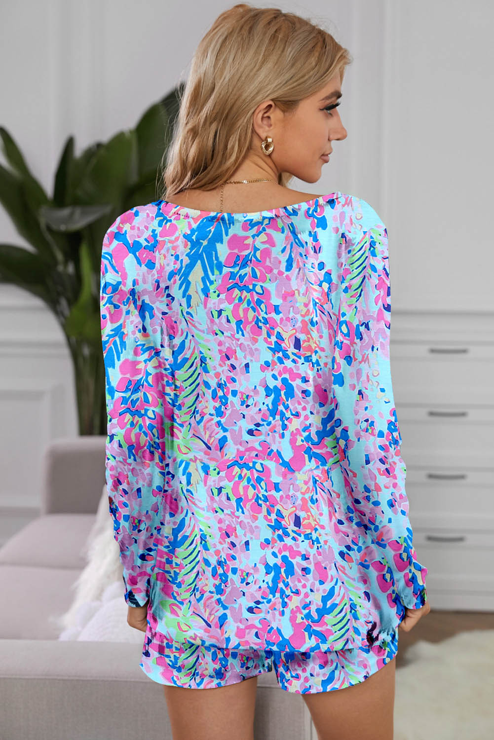 Round Neck Printed Top and Shorts Lounge Set - AllIn Computer