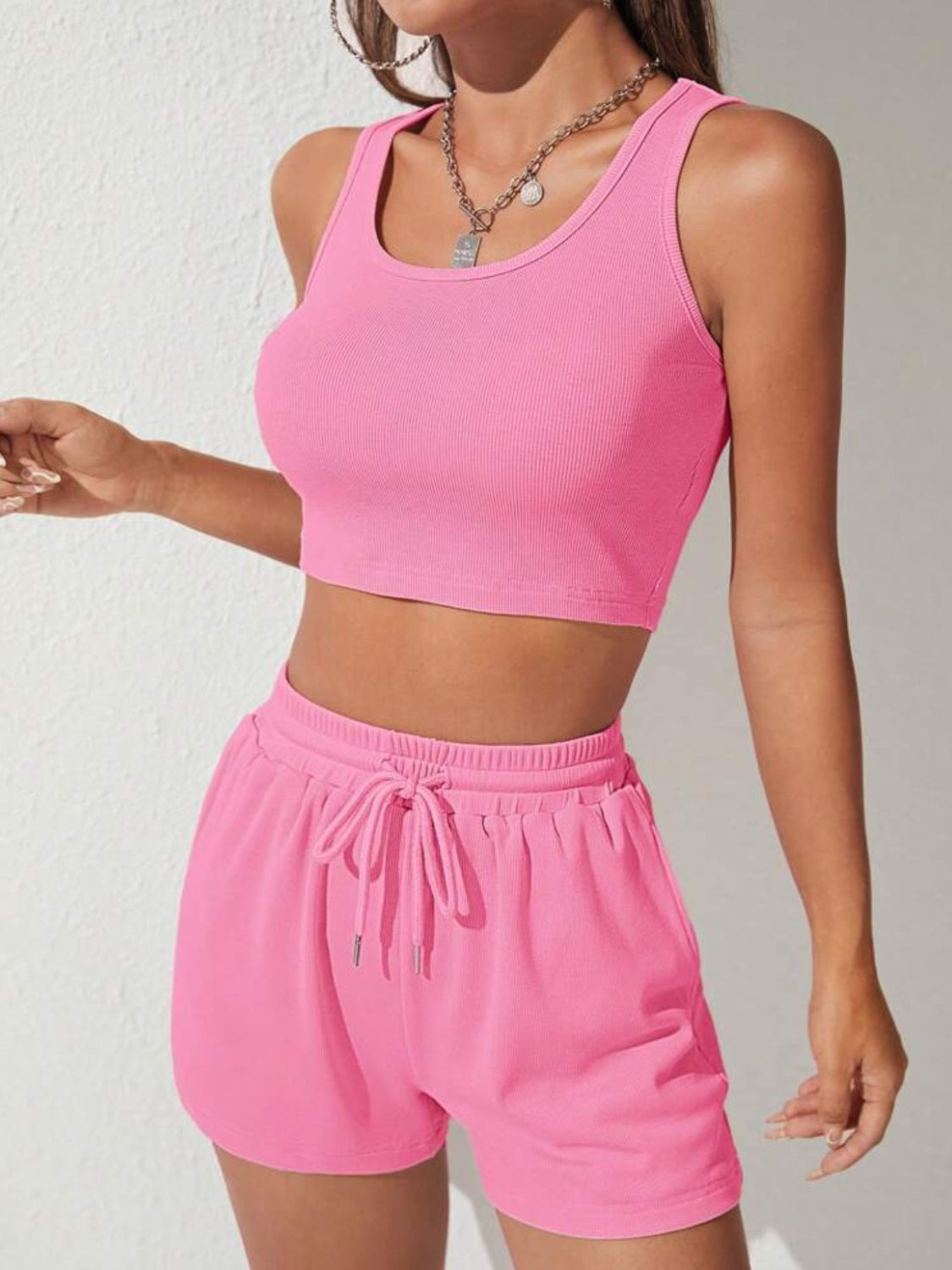 Scoop Neck Wide Strap Top and Drawstring Shorts Set - AllIn Computer