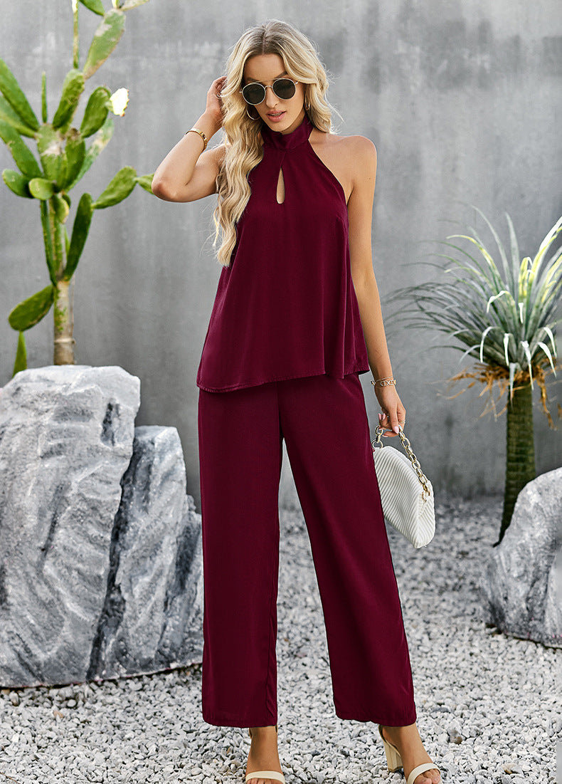 Halter Neck Top and Straight Leg Pants Set - AllIn Computer
