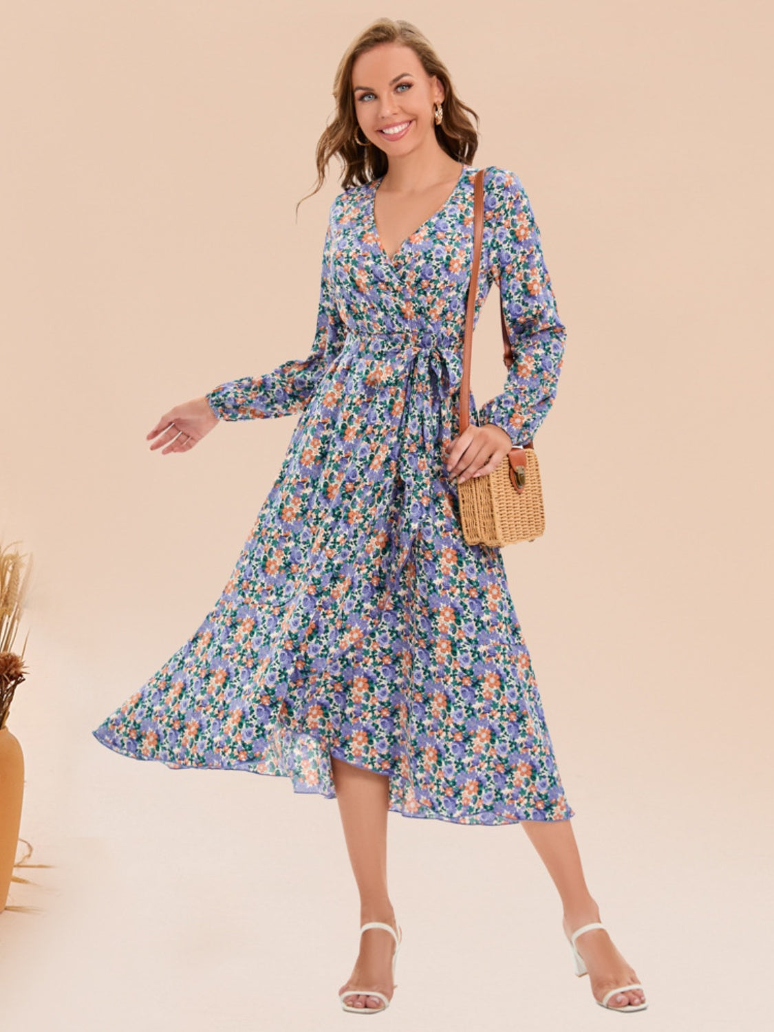 Full Size Printed Surplice Long Sleeve Dress - AllIn Computer