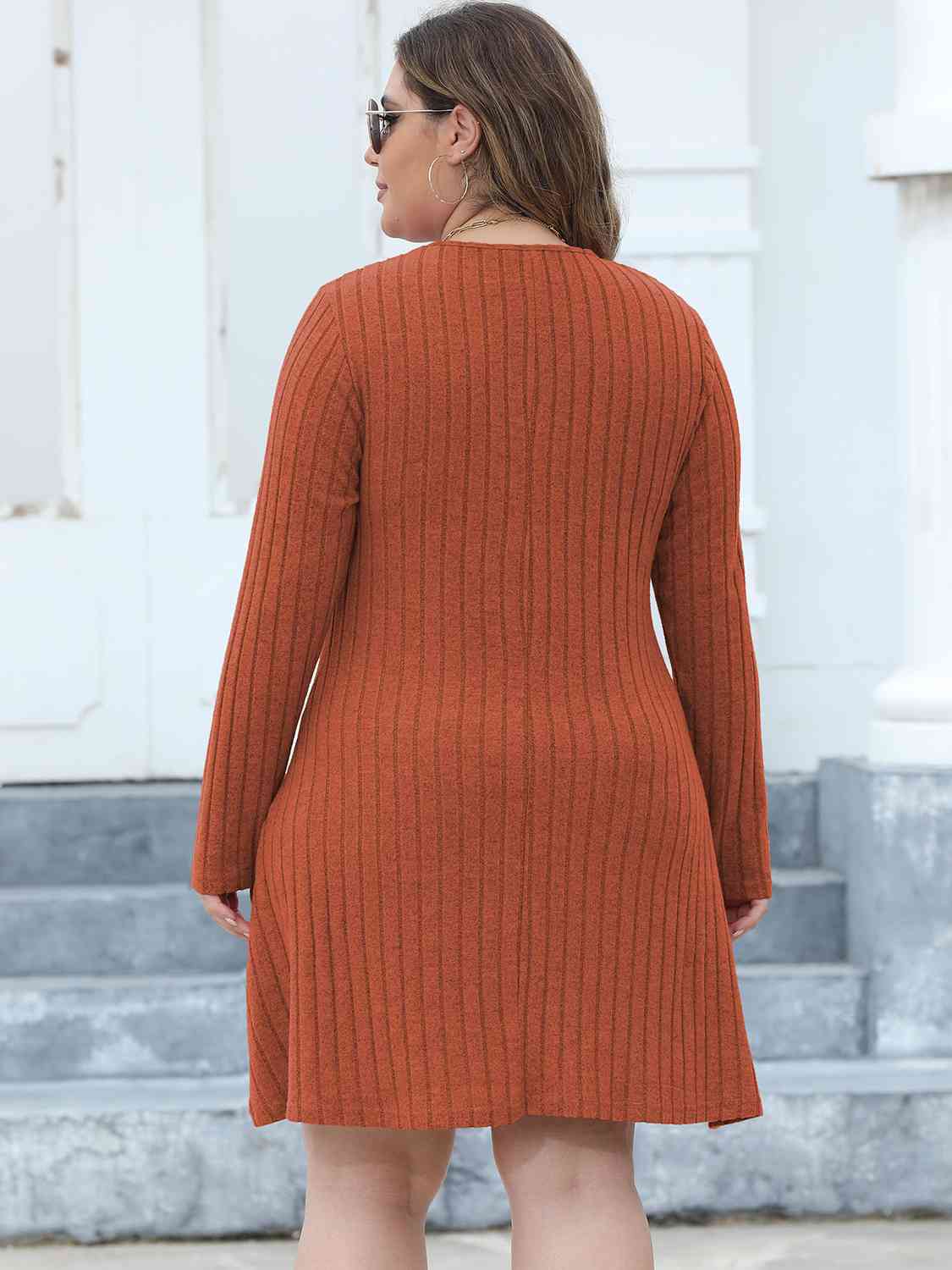 Plus Size Ribbed Buttoned V-Neck Long Sleeve Dress - AllIn Computer