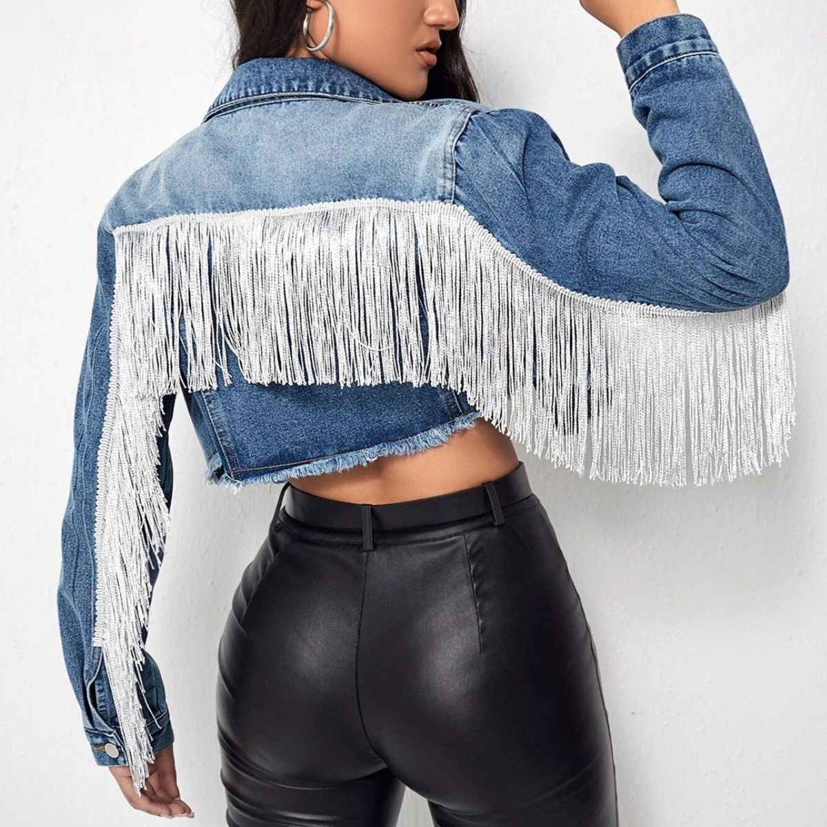 Fringe Detail Long Sleeve Cropped Denim Jacket - AllIn Computer