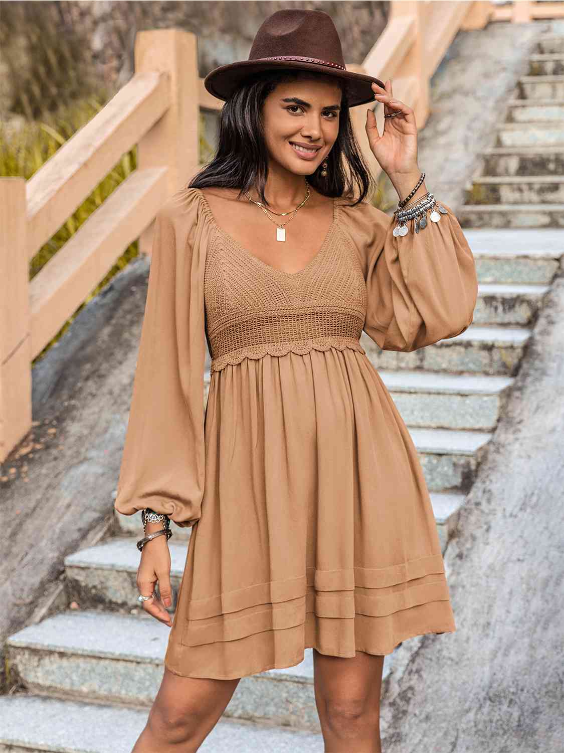 Crochet V-Neck Balloon Sleeve Dress - AllIn Computer
