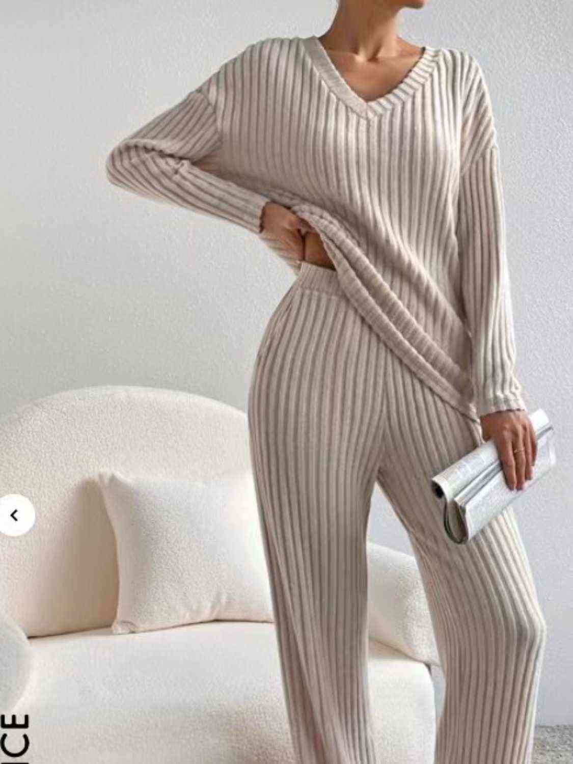 Ribbed V-Neck Long Sleeve Top and Pants Set - AllIn Computer