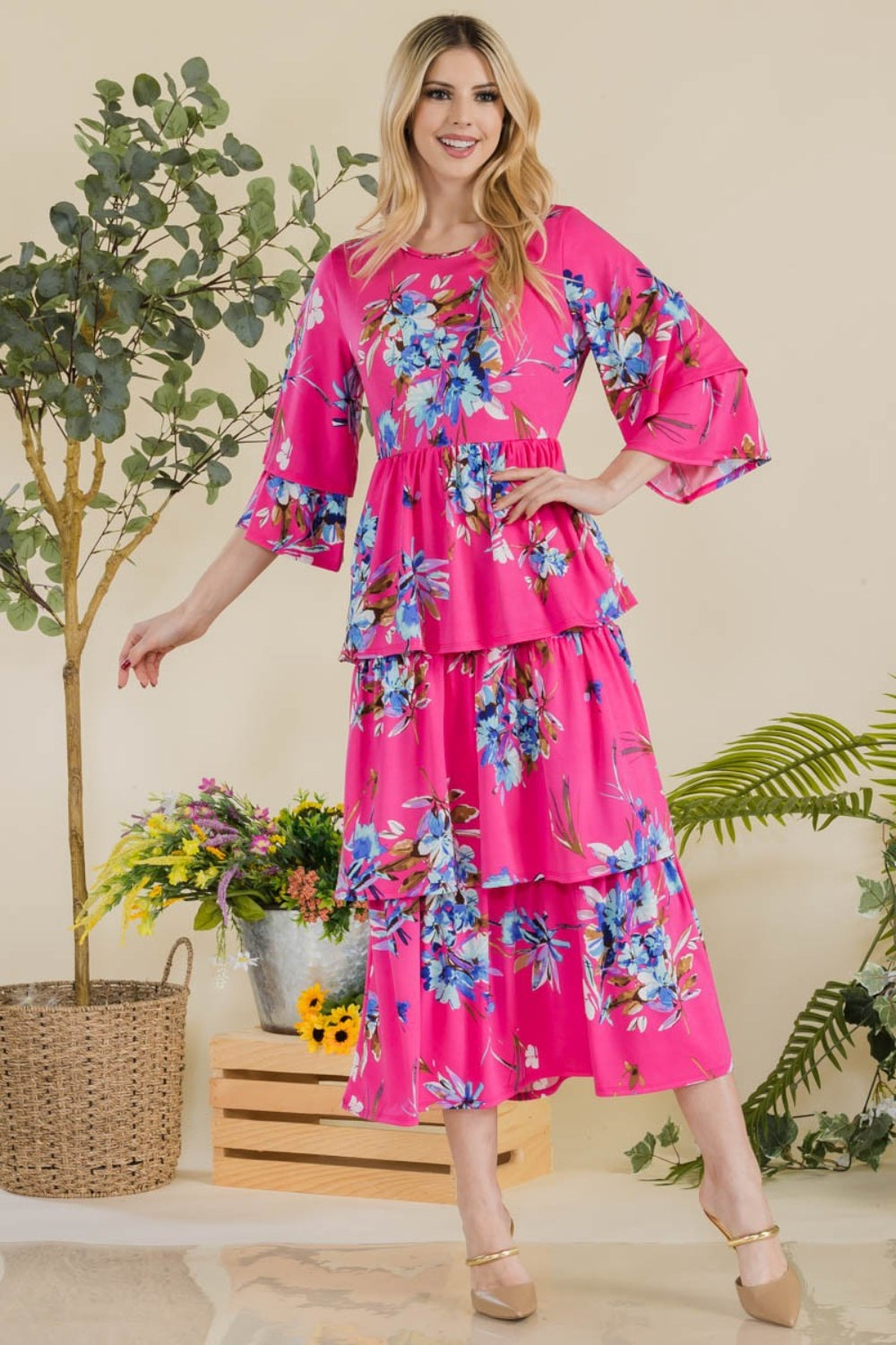 Celeste Full Size Floral Ruffle Tiered Midi Dress - AllIn Computer
