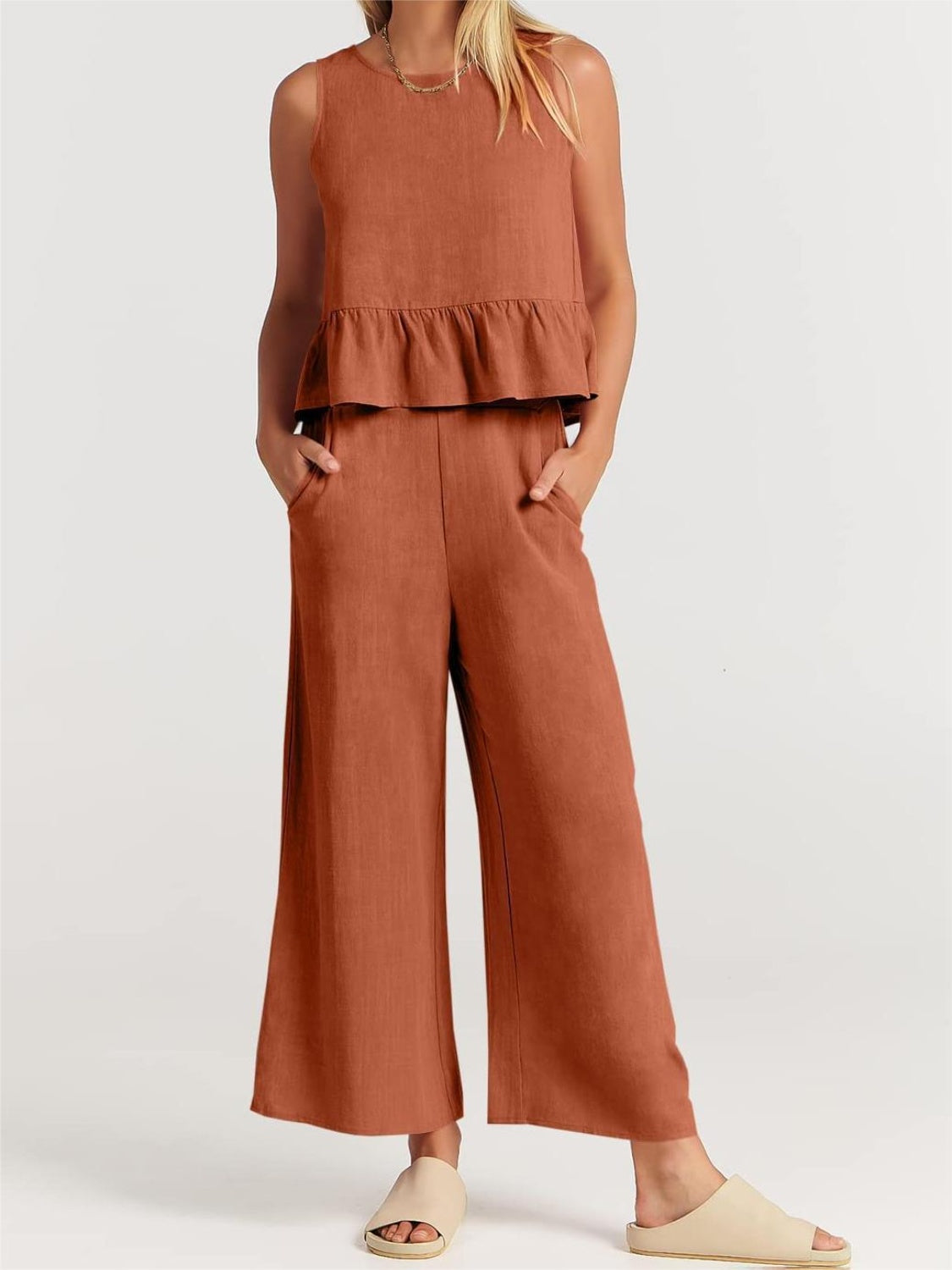 Full Size Round Neck Top and Wide Leg Pants Set - AllIn Computer