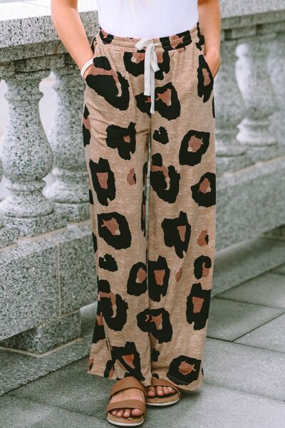 Leopard Drawstring Wide Leg Pants with Pockets - AllIn Computer