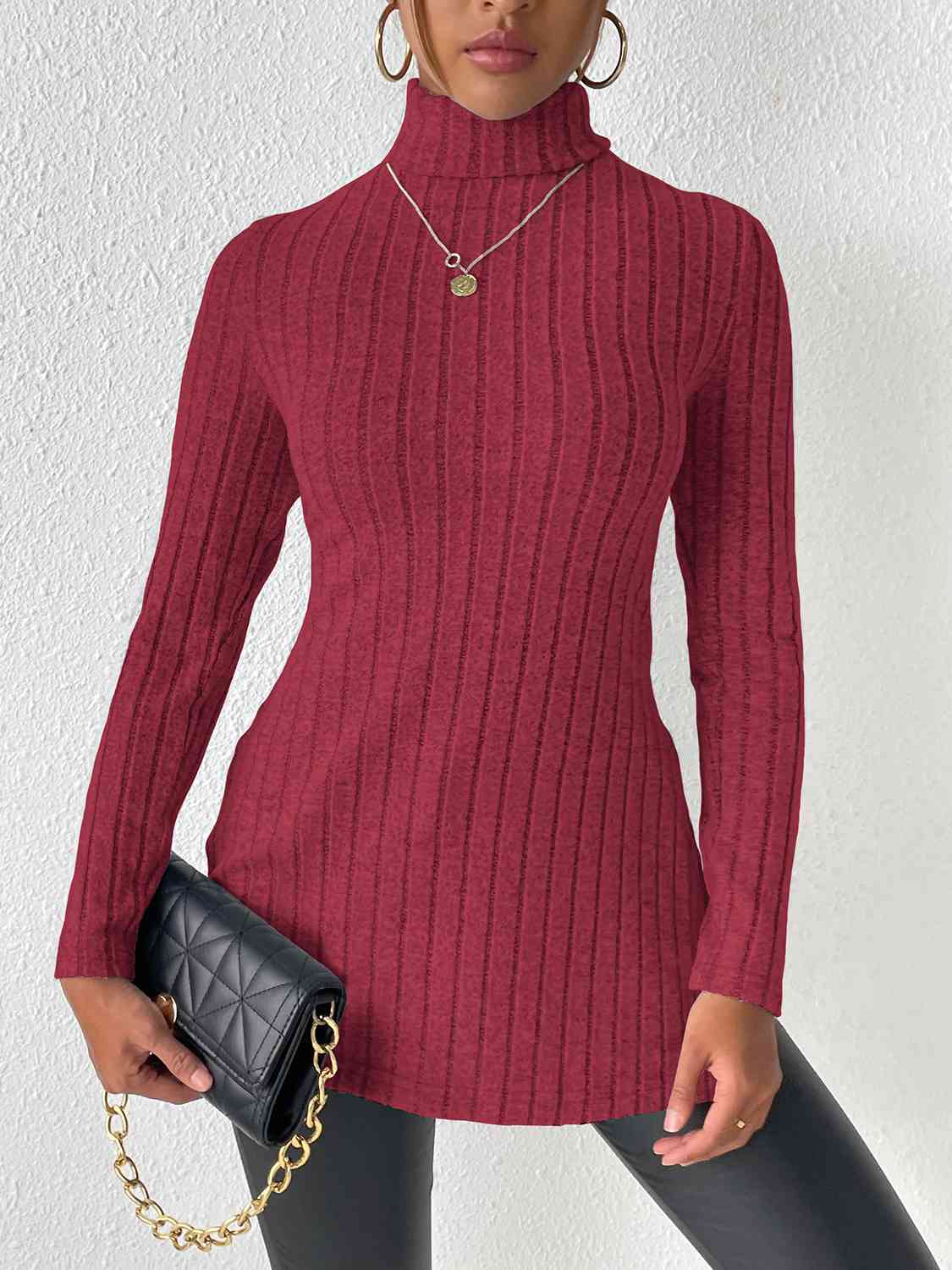 Ribbed Turtleneck Long Sleeve Slit T-Shirt - AllIn Computer
