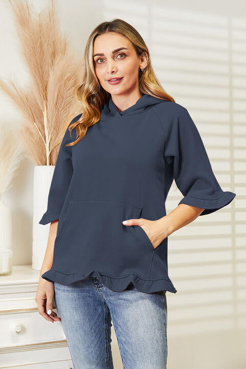 Ninexis Full Size Raglan Sleeve Ruffled Hoodie with Pocket - AllIn Computer