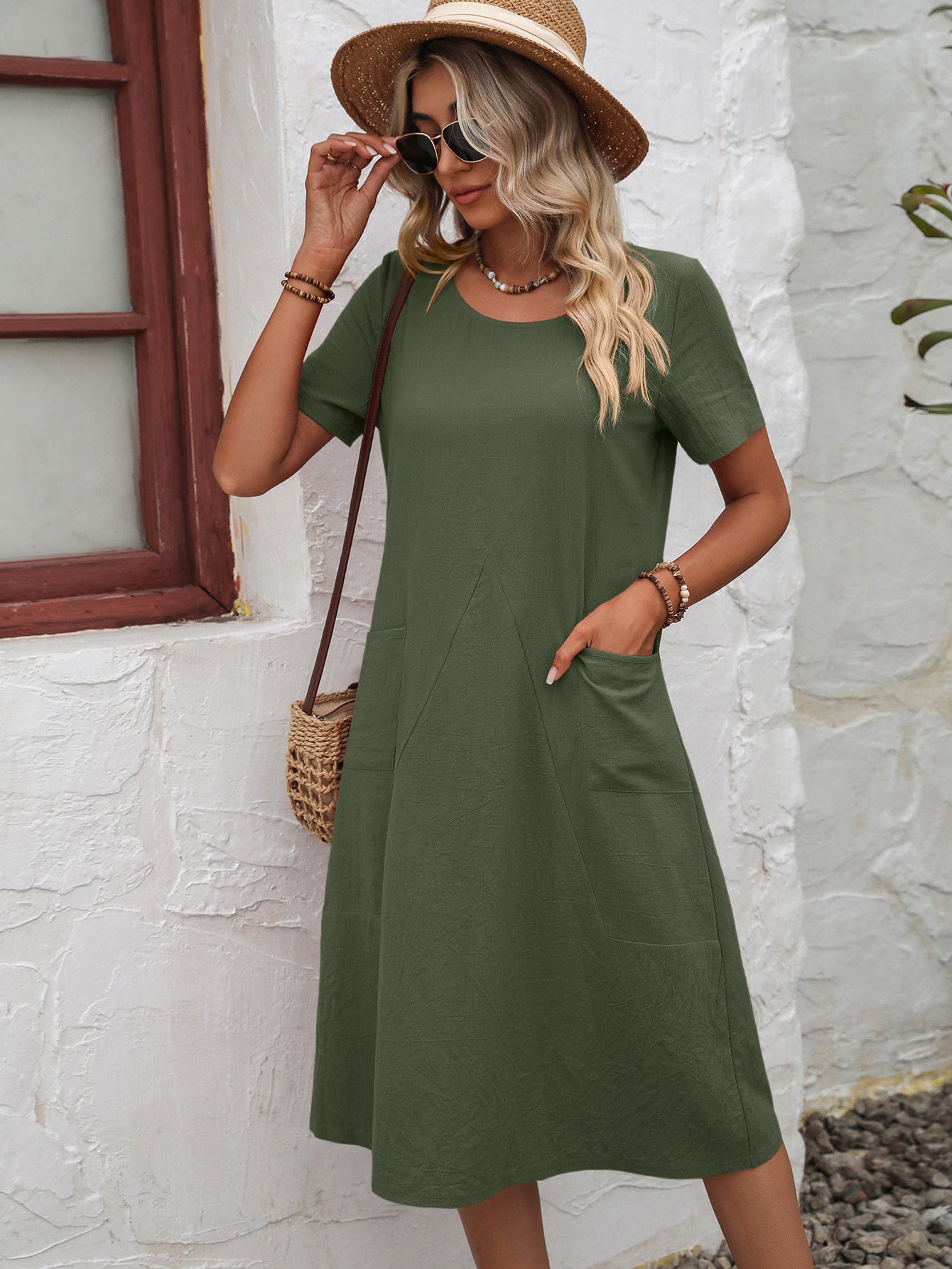 Round Neck Short Sleeve Dress with Pockets - AllIn Computer