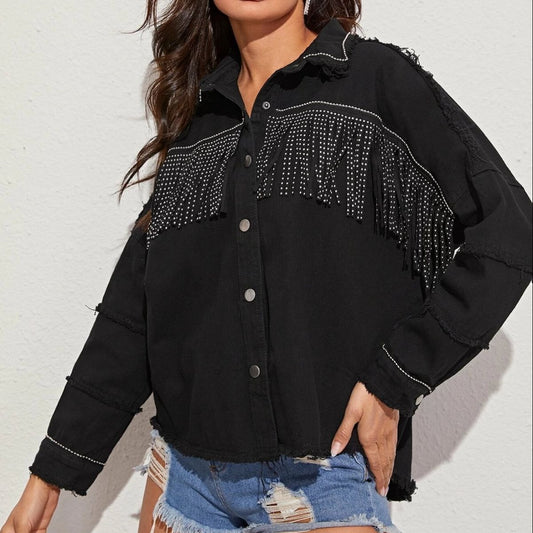 Fringe Detail Button-Down Collared Neck Denim Jacket - AllIn Computer