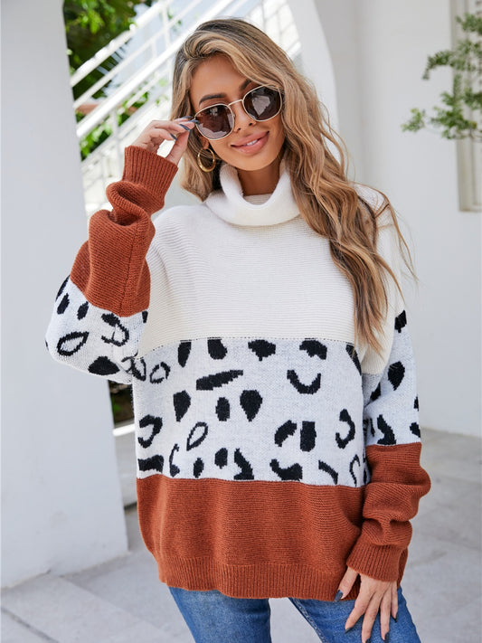 Leopard Color Block Turtleneck Sweater - AllIn Computer