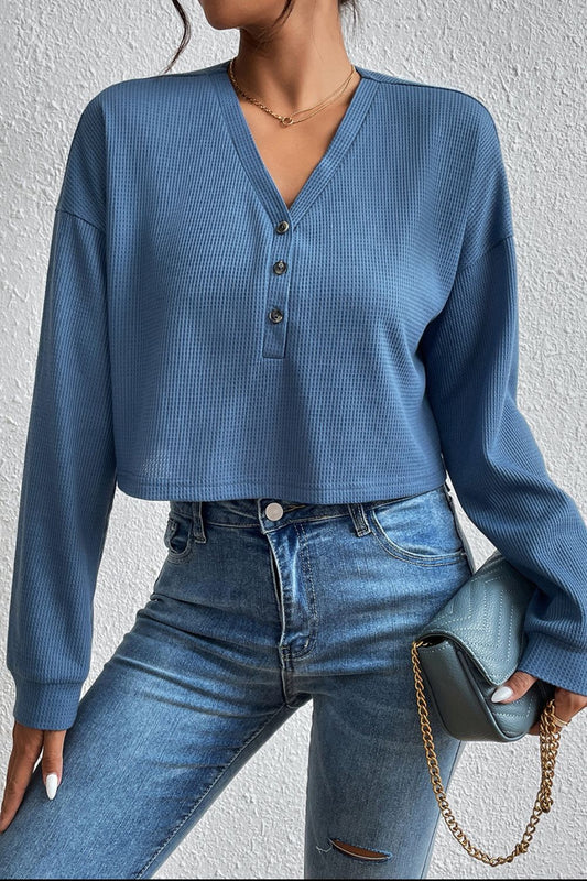 Cropped V-Neck Raglan Sleeve Buttoned Blouse - AllIn Computer