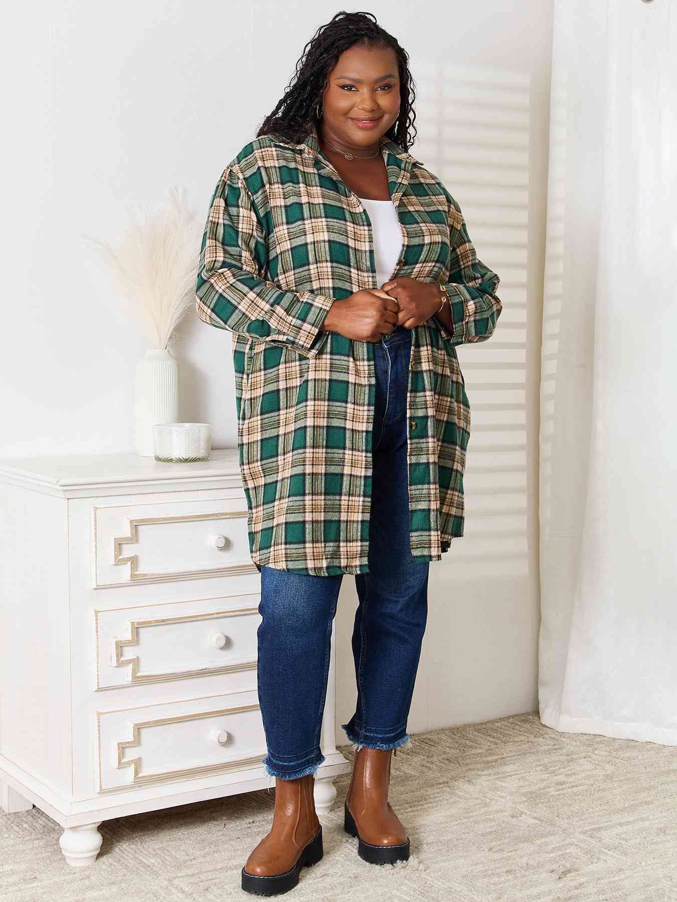 Double Take Plaid Collared Neck Long Sleeve Shirt - AllIn Computer