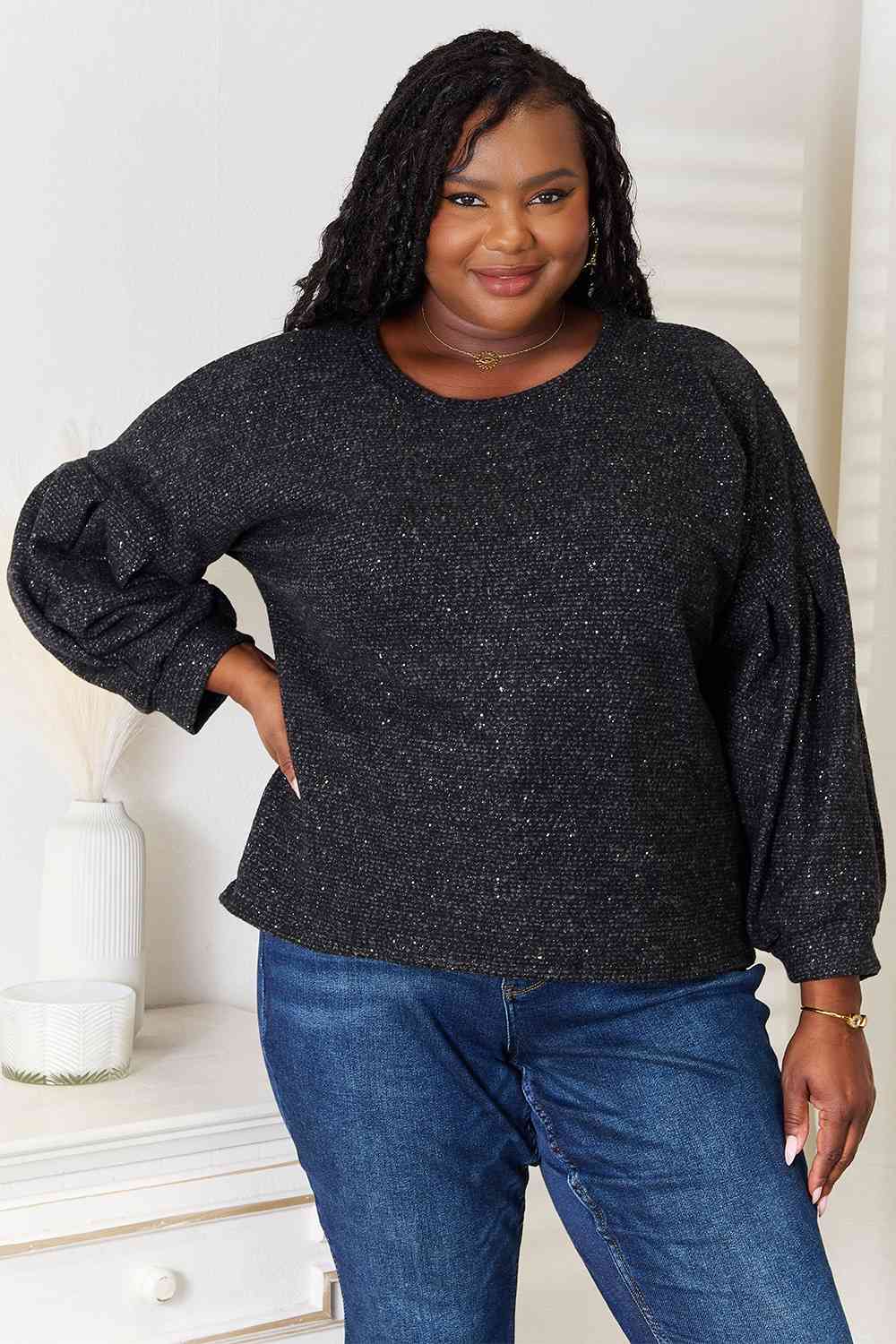 Jade By Jane Full Size Boat Neck Glitter Long Sleeve Top - AllIn Computer
