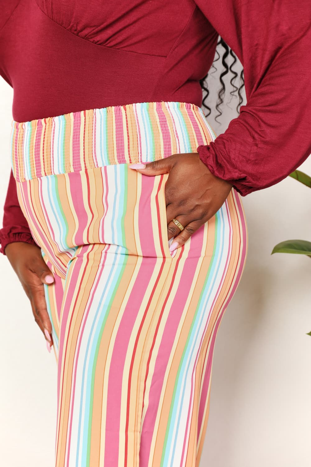Double Take Striped Smocked Waist Pants with Pockets - AllIn Computer