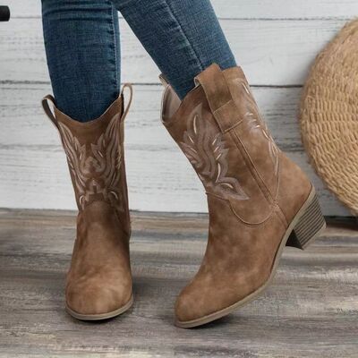Embroidered Point Toe Block Heel Boots - AllIn Computer