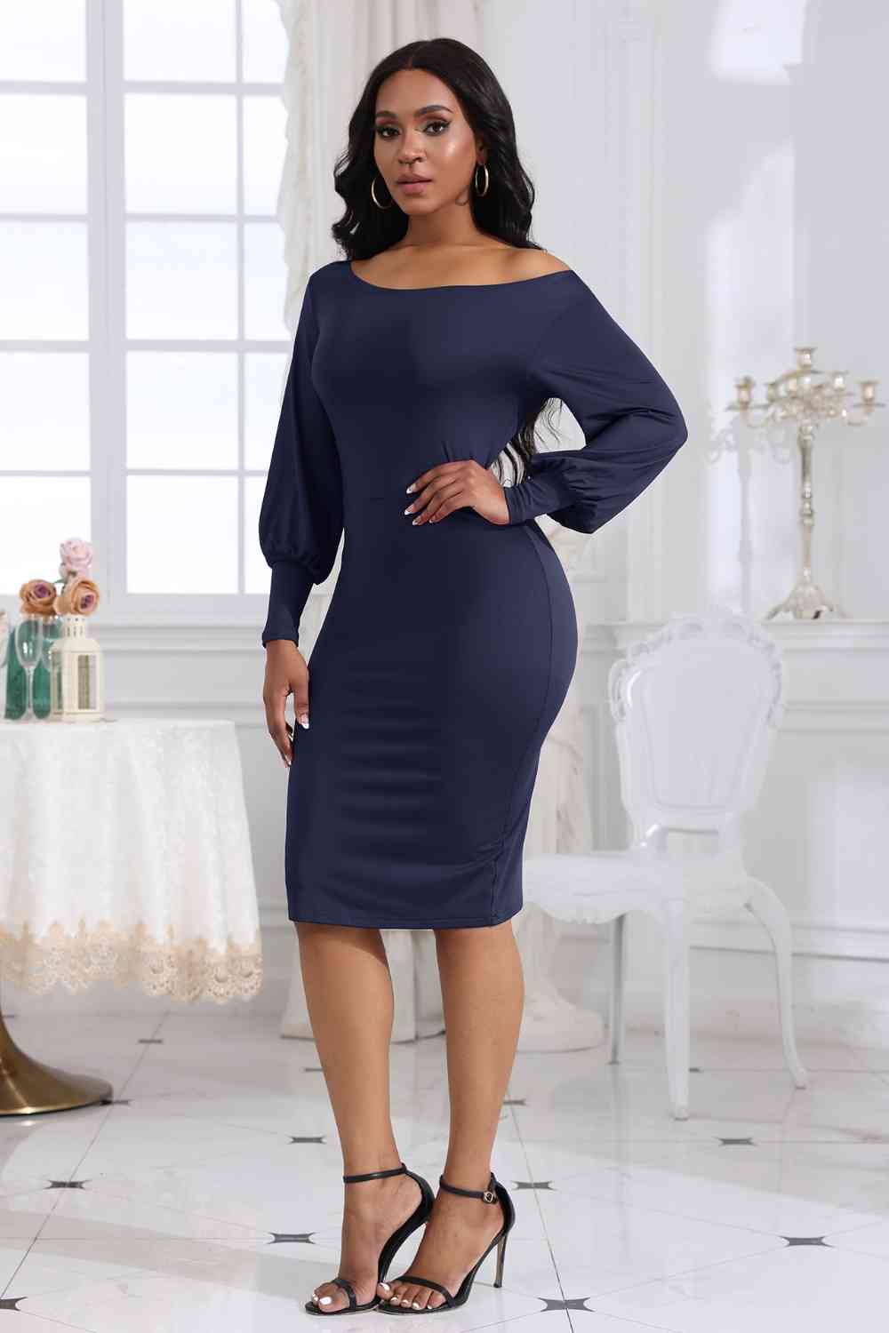 Boat Neck Lantern Sleeve Dress - AllIn Computer