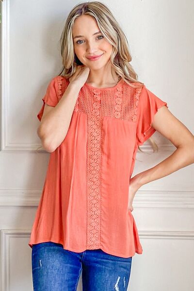 And The Why Lace Detail Ruffle Short Sleeve Blouse - AllIn Computer