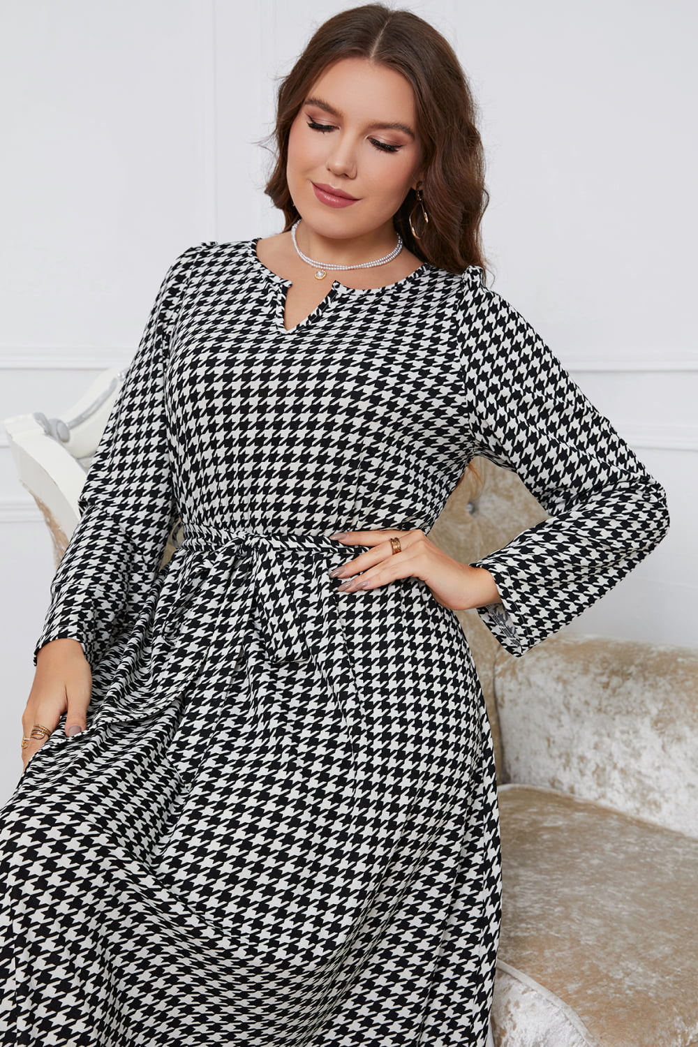 Melo Apparel Plus Size Notched Neck Houndstooth Tie Belt Maxi Dress - AllIn Computer
