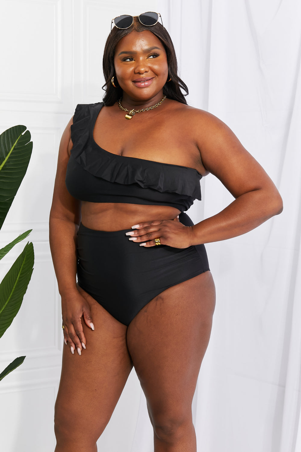 Marina West Swim Seaside Romance Ruffle One-Shoulder Bikini in Black - AllIn Computer