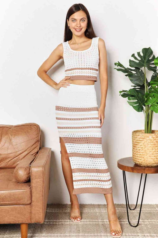 Double Take Striped Openwork Cropped Tank and Split Skirt Set - AllIn Computer