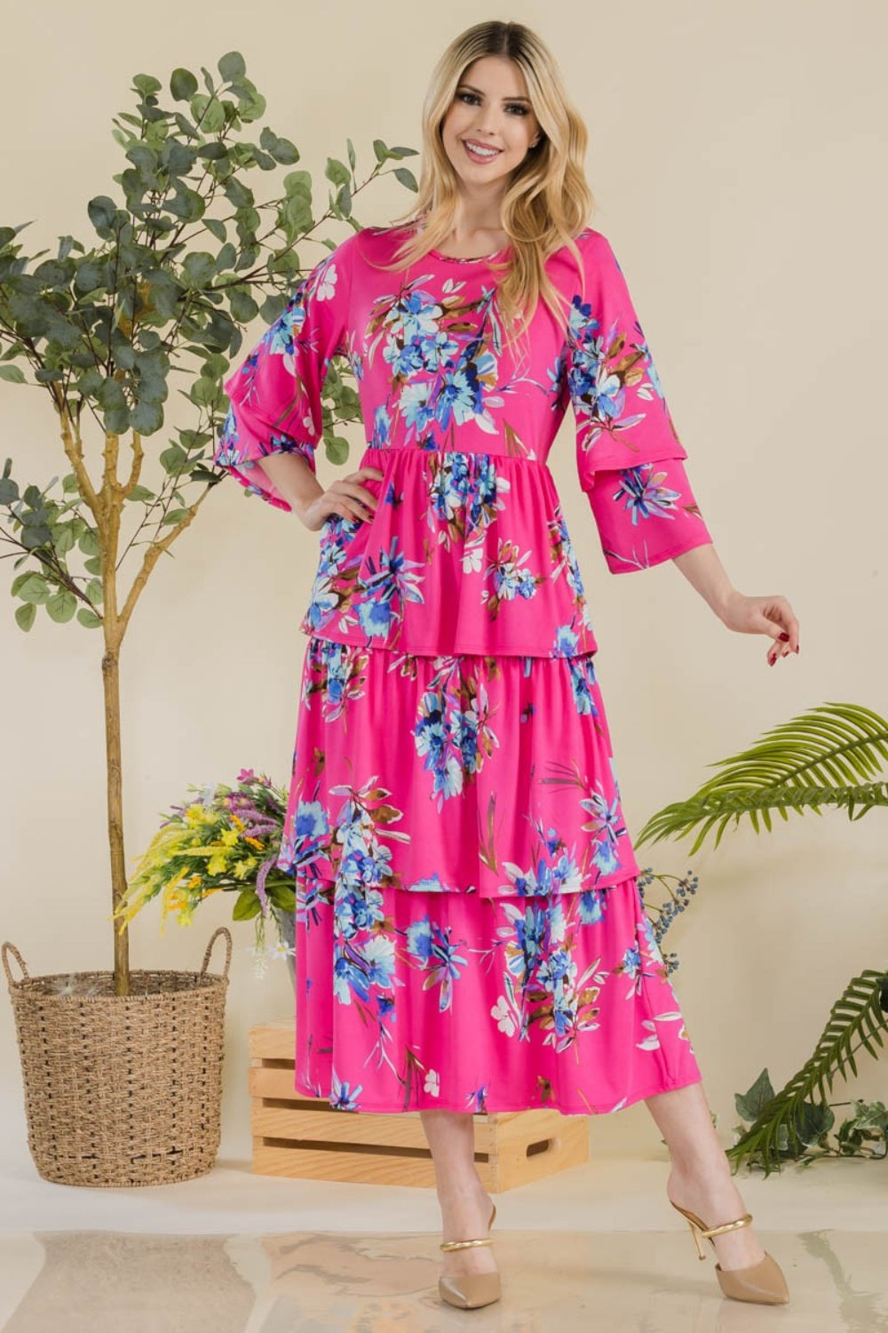 Celeste Full Size Floral Ruffle Tiered Midi Dress - AllIn Computer