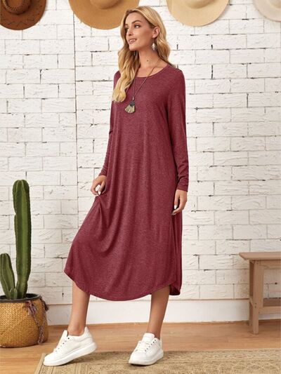 Pocketed Round Neck Long Sleeve Tee Dress - AllIn Computer
