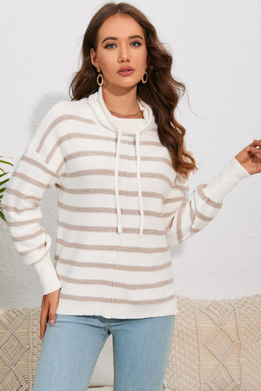 Double Take Cowl Neck Drawstring Dropped Shoulder Striped Print Blouse - AllIn Computer