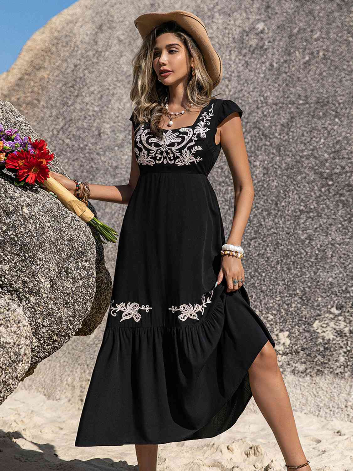 Embroidered Square Neck Ruffle Hem Dress - AllIn Computer