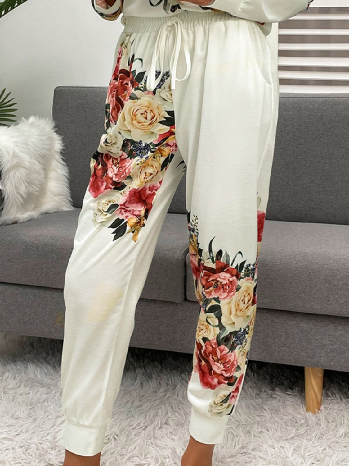 Printed Round Neck Top and Pants Lounge Set - AllIn Computer