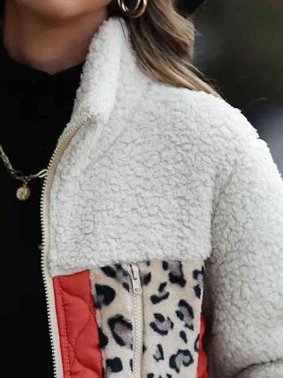 Leopard Color Block Zip-Up Jacket - AllIn Computer