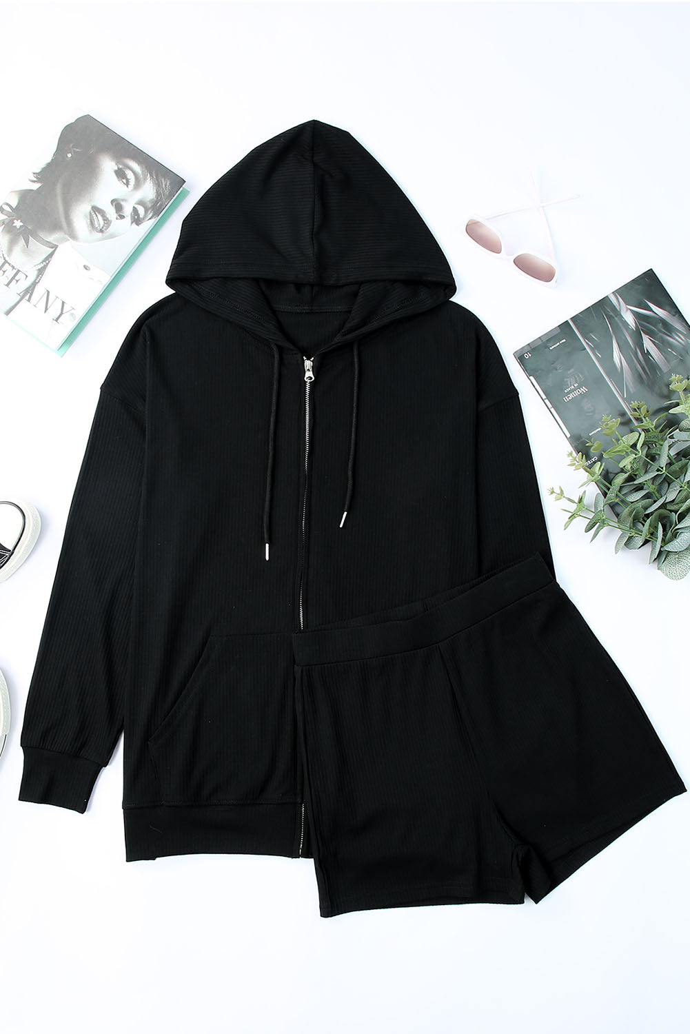 Drawstring Zip Up Sweatshirt and Shorts Set - AllIn Computer