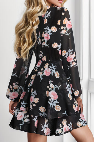 Printed Surplice Balloon Sleeve Mini Dress - AllIn Computer