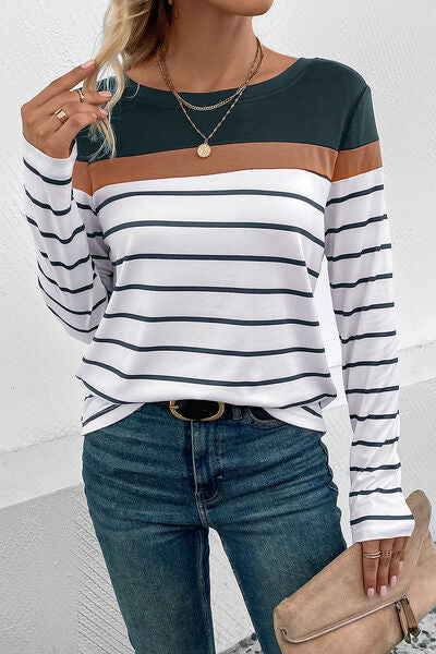 Striped Round Neck Long Sleeve T-Shirt - AllIn Computer
