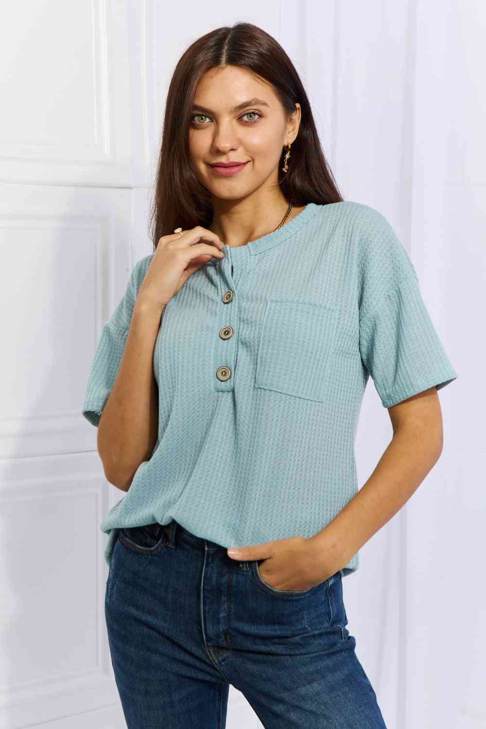 Heimish Made For You Full Size 1/4 Button Down Waffle Top in Blue - AllIn Computer
