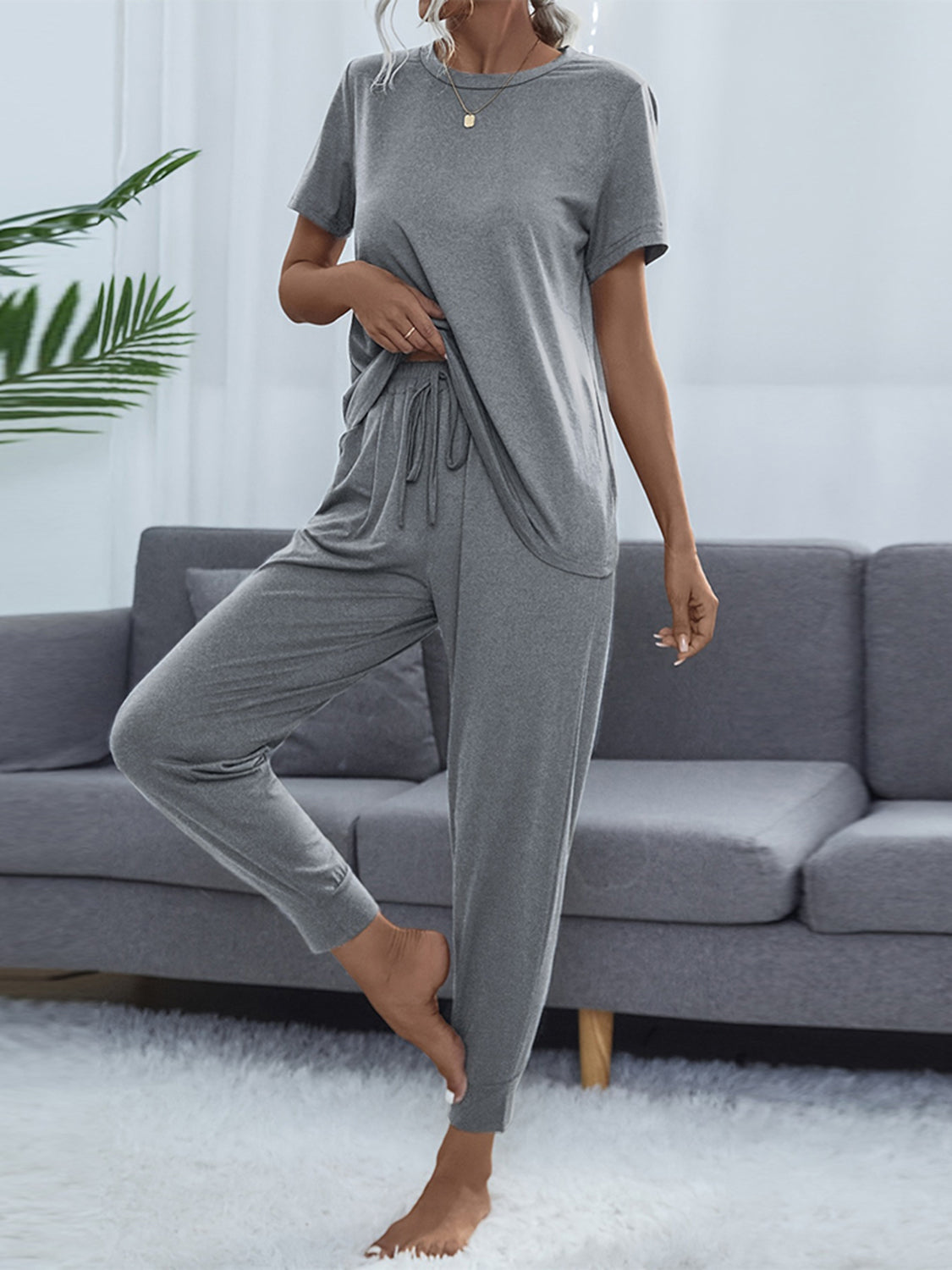 Round Neck Short Sleeve Top and Pants Set - AllIn Computer