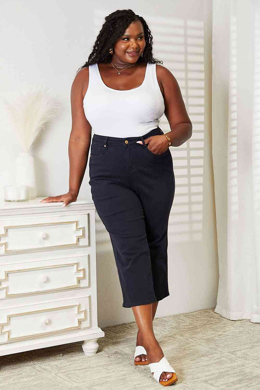 Judy Blue Full Size High Waist Tummy Control Garment Dyed Wide Cropped Jeans - AllIn Computer