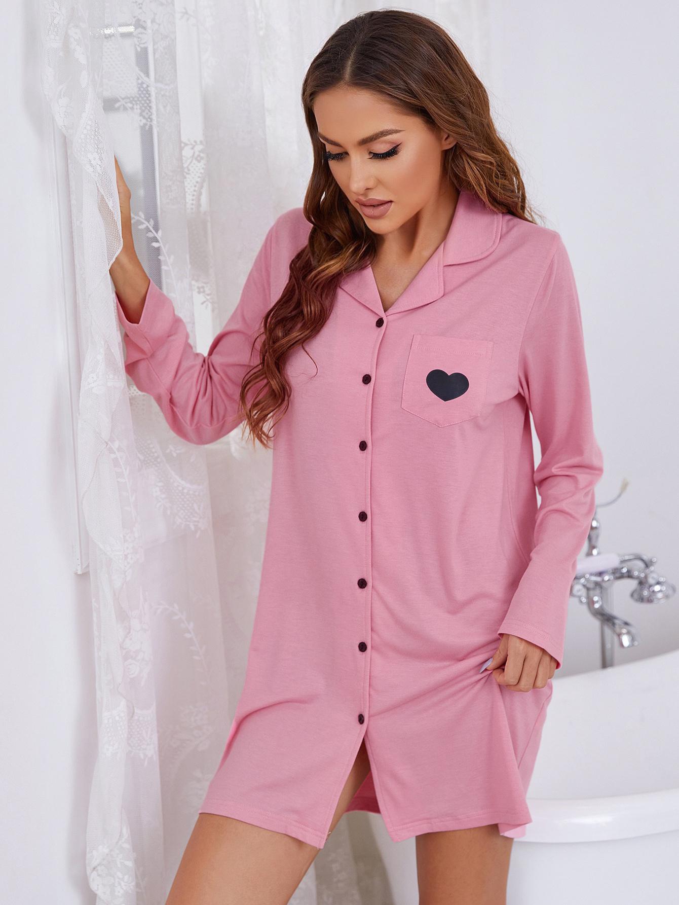 Heart Graphic Lapel Collar Long Sleeve Night Dress - AllIn Computer