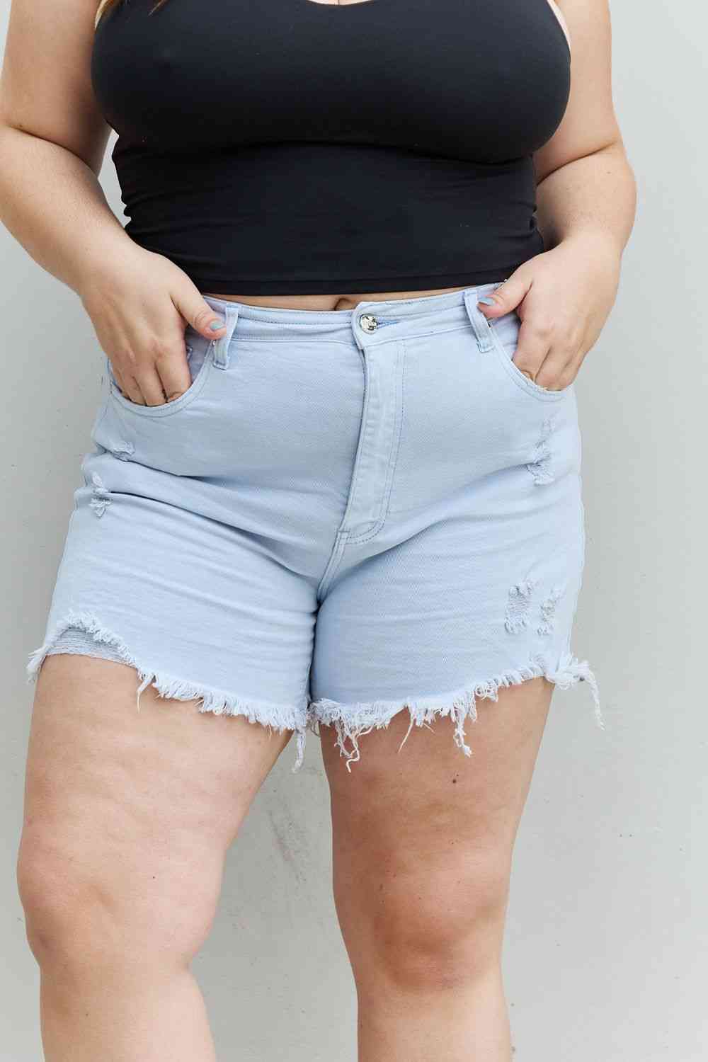 RISEN Katie Full Size High Waisted Distressed Shorts in Ice Blue - AllIn Computer