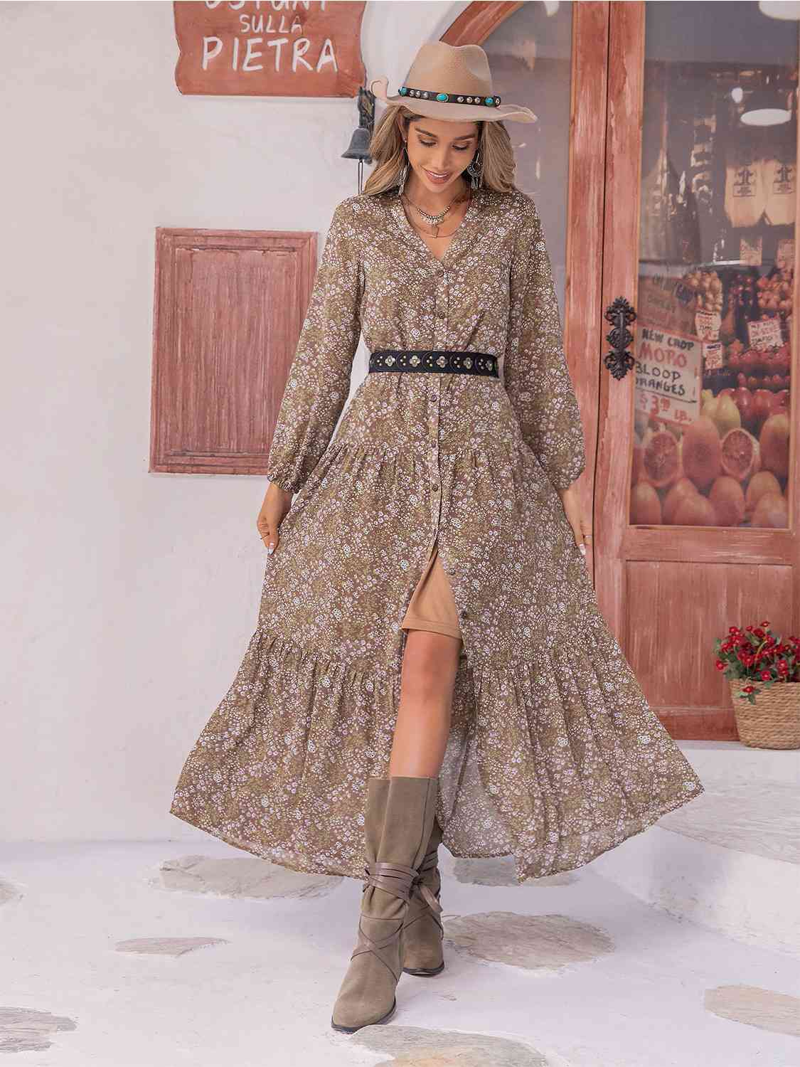 Floral Button Up V-Neck Tiered Dress - AllIn Computer