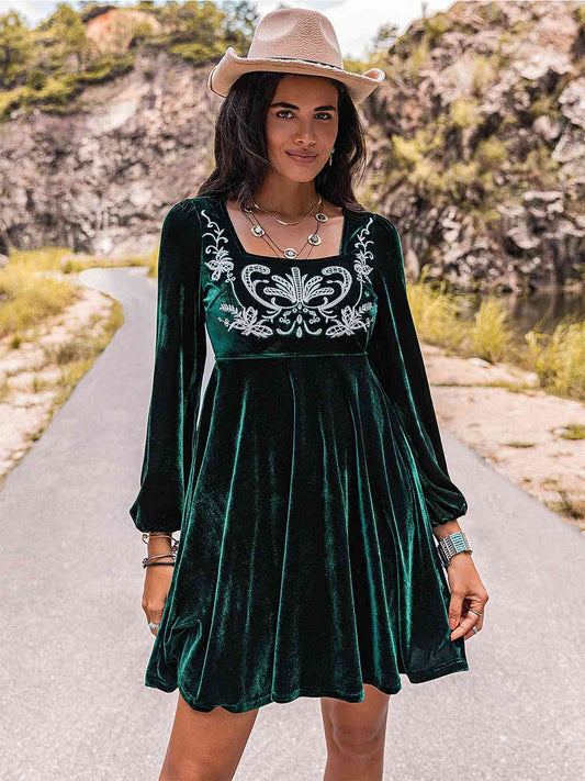 Embroidered Square Neck Long Sleeve Dress - AllIn Computer