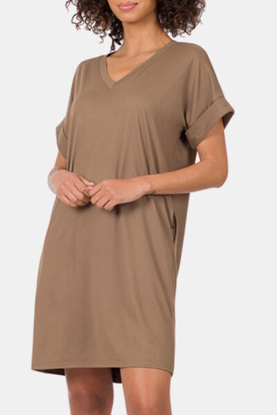Zenana Rolled Short Sleeve V-Neck Dress - AllIn Computer