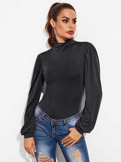 Backless Tie-Waist Turtleneck Lantern Sleeve Bodysuit - AllIn Computer
