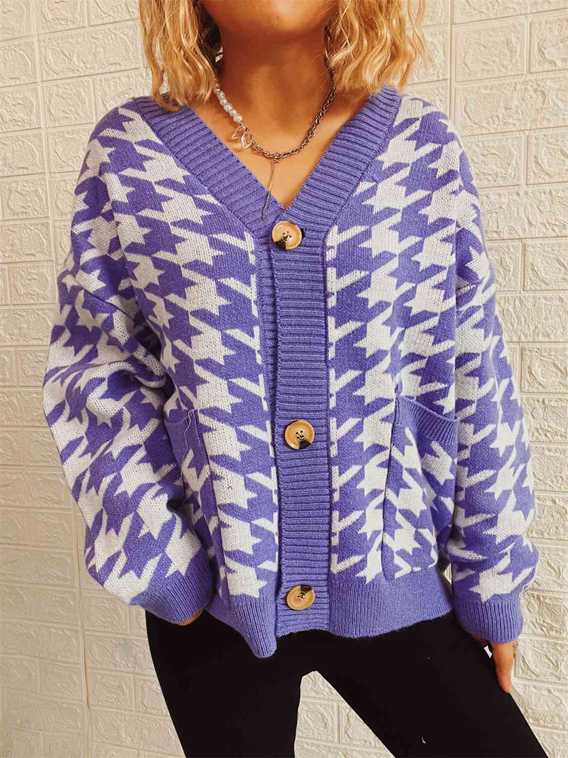 Houndstooth Botton Front  Cardigan with Pockets - AllIn Computer