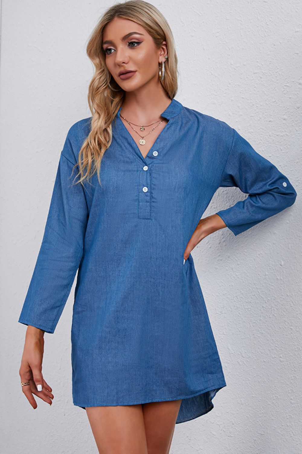 Half-Button Notched Neck High-Low Denim Dress - AllIn Computer