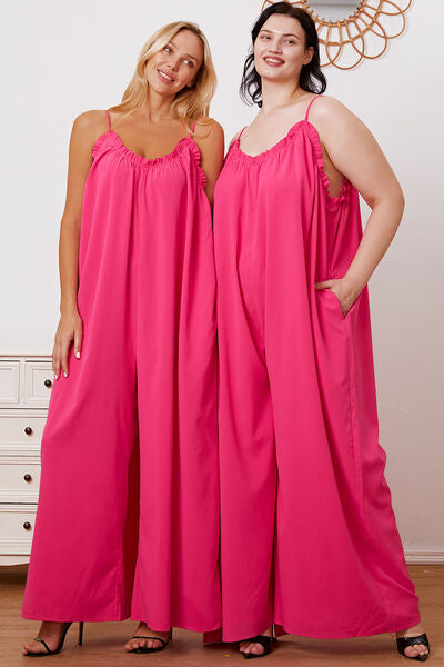 Full Size Ruffle Trim Tie Back Cami Jumpsuit with Pockets - AllIn Computer