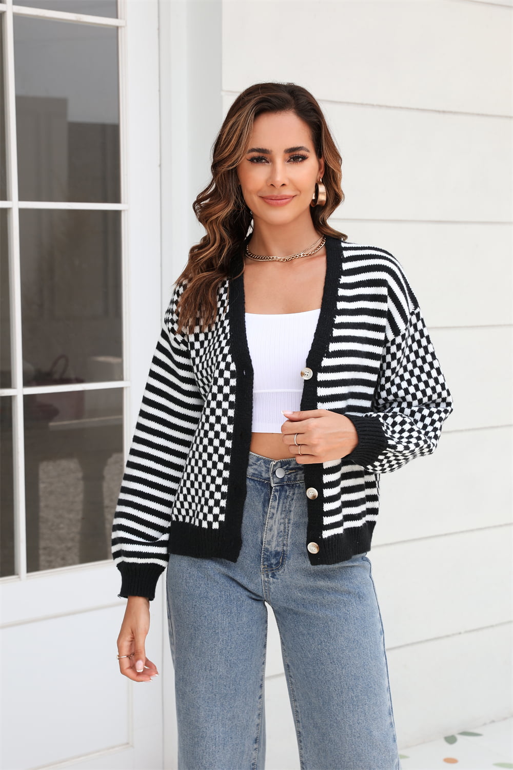 Button-Down Stripe & Plaid Contrast Pattern Cardigan - AllIn Computer