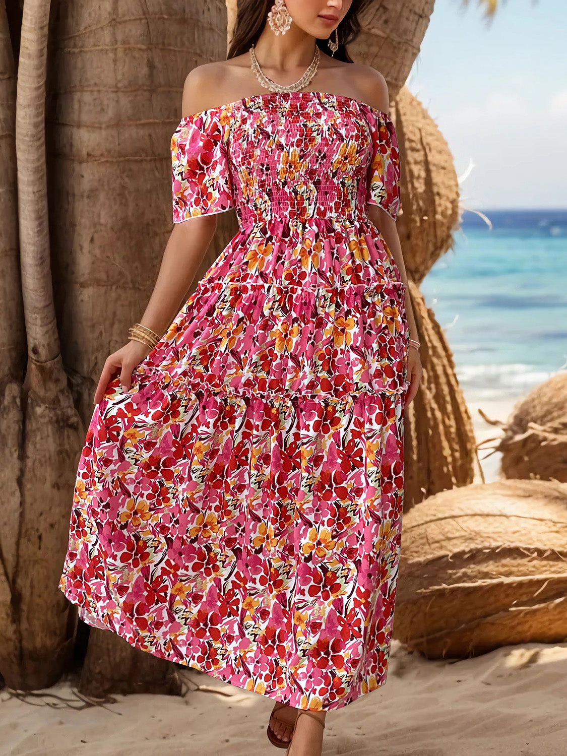 Slit Floral Off-Shoulder Short Sleeve Dress - AllIn Computer